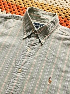 90s Polo Ralph Lauren Striped Oxford Long Sleeve Shirt Mint Green Pastel Vintage